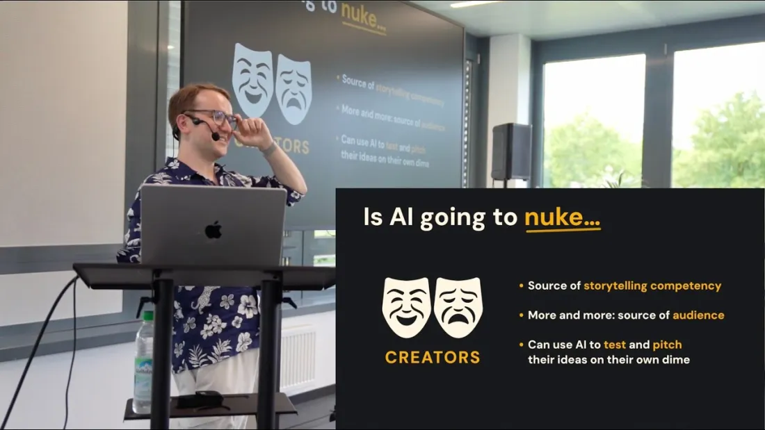 Albert Bozesan speaking about AI filmmaking at GenAI Wednesday Munich, June 2026
